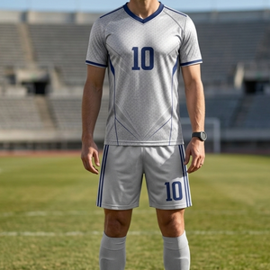 Top selling Silver Soccer Uniform Set Navy Blue Trim Honeycomb Sublimated Football Jersey & Shorts - Product Image 4