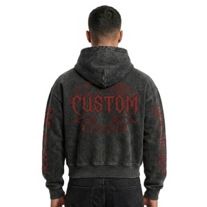 <b>Men</b>’s Washed Black Cropped Hoodie Gothic Angel DTG Print Oversized Streetwear <b>Pullover</b> Vintage Y2K Long Sleeve Custom Hoodies - Product Image 2