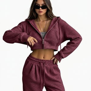 Wholesale Women's Custom Heavyweight Quick Dry Tracksuit Cropped Zip Hoodie Sweatshirt Elastic Waist Pants Side Pockets Casual - Product Image 1