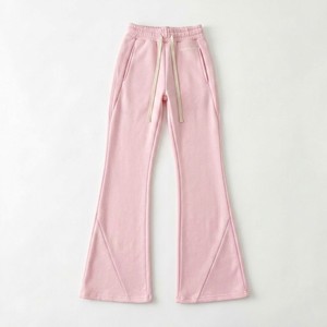 Women Pink Flare Pants Women's Casual Loose Fit Mid Waist <b>Drawstring</b> Sweatpants Full Length Solid Color Knitted Fleece - Product Image 4
