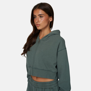 Women's <b>Cropped</b> Hooded <b>Zip</b>-<b>Up</b> Sweatshirt Solid Color Fleece Long Sleeve Autumn Casual Wear - Product Image 6