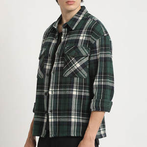 T-shirt en flanelle rétro carré sur mesure pour homme, coupe oversize à épaules tombantes, manches longues, à carreaux, col mandarin, décontracté, en coton - Product Image 2