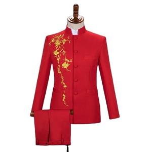 Chinoiserie tarzı erkekler standı yaka nakış takım 2 parça siyah/beyaz/kırmızı moda erkek sahne parti Blazer ve pantolon gerçekleştirmek - Product Image 3
