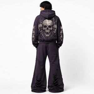 Chándal unisex gótico negro con capucha, estampado de calaveras, cremallera frontal, ajuste holgado, joggers con cintura elástica, ropa de otoño - Product Image 3