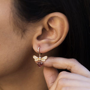 Pendientes colgantes de oro rosa macizo de 14 quilates con turmalina rosa genuina de 6,5 mm y pendientes de aro con cierre de bisagra de diamante blanco con claridad SI - Product Image 6