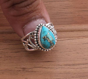 Bague en argent sterling 925 avec sertissage en turquoise bleu cuivre fait main en gros, bijoux bohèmes, véritable matrice, pour les fêtes - Product Image 6