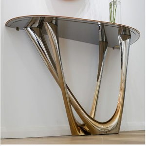 Table console ovale avec plateau en marbre blanc sur deux cadres dorés avec inserts en bois, disponible à prix de gros. - Product Image 2