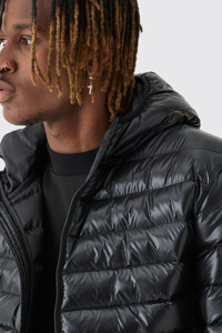 Men's Black Stand Puffer Jacket Windproof Cotton Filled Casual Winter Coat Regular Fit <b>Covered</b> <b>Button</b> Closure Solid Color High - Product Image 6