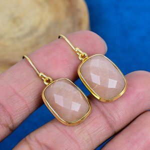Natural Peach Moonstone Cushion Shape Gemstone Hook Drop <b>Dangle</b> <b>Earrings</b> 18k Gold Micron Over 925 Sterling <b>Silver</b> - Product Image 1
