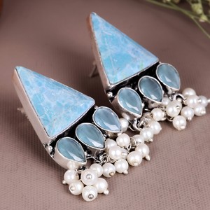 Oxidized <b>Silver</b> Brass Bezel Setting Bohemian Ethnic Flower Onyx <b>Dangle</b> <b>Earrings</b> with Pearl Drops Women Engagement From Rajasthan - Product Image 3