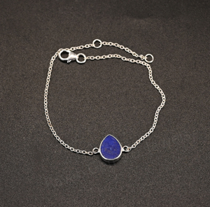 Trendy Natural Lapis Lazuli Gemstone 7x9mm Pear Bezel Solid 925 Silver Rhodium <b>Adjustable</b> Chain Minimalist <b>Bracelet</b> For Women - Product Image 6