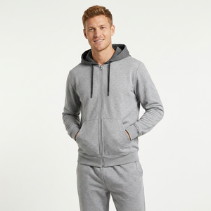 Chándal unisex gris con capucha, sudadera con cremallera completa y bolsillos laterales, y pantalones a juego, ropa informal de otoño, 100% algodón - Product Image 6