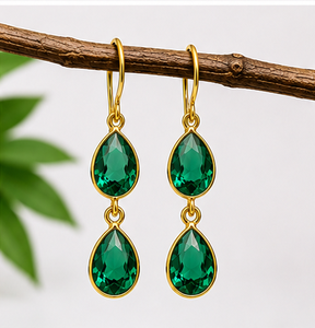 <b>Emerald</b> Quartz Teardrop Dangle Earrings 925 Sterling Silver Gold Plated | Faceted Pear Shape Green Quartz Earrings | Handmade Gi - Product Image 1