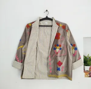 เสื้อแจ็คเก็ตกำมะหยี่สีเทาโดฟปักลายดอกไม้สไตล์วินเทจสำหรับผู้หญิง แฟชั่นโบโฮ - Product Image 5