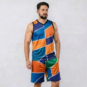 Men's Geometric Print Tank Top And Shorts <b>Set</b> V-Neck Quick Dry <b>Knitted</b> Polyester Sporty Summer Outfit - Product Image 2