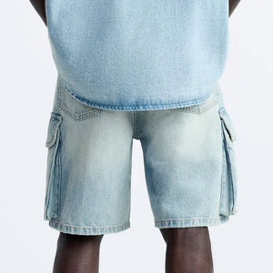 Shorts cargo bleu clair pour homme, taille haute, fermeture boutonnée, couleur unie, style bermuda décontracté avec plusieurs poches, tissu en toile - Product Image 6
