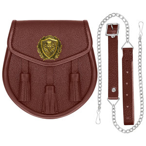Scottish Vegan Faux Leather Sporran with Leather <b>Belt</b> & <b>Chain</b> Brown Leather Thistle Badge Highland Outfit - Product Image 1