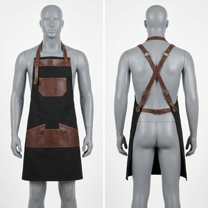 Heavy Duty 340 GSM Cotton Canvas Barber <b>Apron</b> <b>Black</b> Brown Leather Pocket Panel Embroidery Logo Leather Barber <b>Apron</b> - Product Image 1
