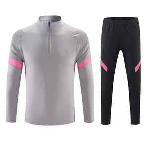 Ensemble de survêtement sportif unisexe blanc et rose avec blocs de couleur, haut à manches longues et demi-zip, pantalon noir à taille élastique, séchage rapide, en polyester - Product Image 2