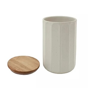 Modern Ceramic Storage Canister Wooden Lid Vertical <b>Fluted</b> Design Airtight Kitchen Jar Minimalist Countertop Organizer - Product Image 2