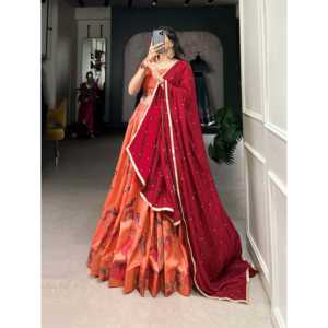 Amazing Tussar Silk Orange Thread Embroided Work Lehenga Choli With Dupatta - Product Image 4