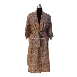 White Floral Hand Block Print Hippie & Bohemian Maxi Wholesale Beachwear Women's Nighty Indian Long Robe Gown Kimono