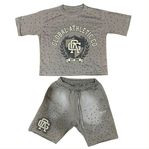 Custom logo Printing Men Streetwear Autumn Cotton Two Piece <b>Sets</b> Heat-Transfer Printing Quick Dry Rhinestone T Shirts <b>Sweat</b> <b>Set</b> - Product Image 4