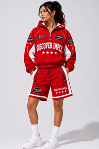 Custom Unisex Red Nylon Autumn Short Set Hooded <b>Zip</b>-<b>Up</b> <b>Jacket</b> Contrast Panel Track Shorts Front Logo Waterproof - Product Image 3