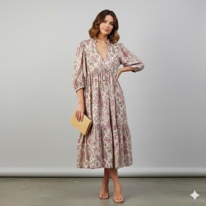 Robe midi ample à imprimé floral lavande pour femme, col en V, manches bouffantes, décontractée, été, en coton tissé respirant - Product Image 2