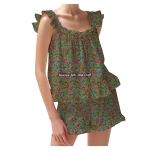 New Designer Indian Cotton Hand Block Print Shorts Pajama Set Spring / Summer Floral Fitted Strappy Ruffle <b>Trim</b> Sleeves PJ Set - Product Image 5