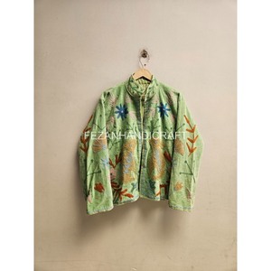 Chaqueta de Terciopelo con Bordado Floral a Mano, Cuello Mao Verde, Cierre Abierto, Exterior de Algodón, Abrigo Casual de Primavera para Mujer - Product Image 1