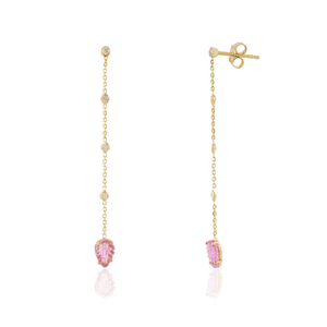 Hot Selling Products New Design 14K Yellow Gold Carving Leaf Shape Pink Tourmaline & <b>Diamond</b> Long <b>Dangle</b> <b>Earrings</b> Dainty Jewelry - Product Image 3