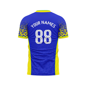 Maillot de football personnalisé bleu jaune imprimé léopard, respirant, extensible dans quatre directions, séchage rapide, anti-transpiration, imprimé par sublimation, sans coutures - Product Image 2