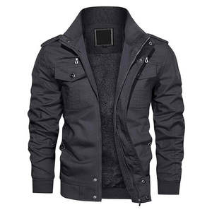 Blouson bomber noir uni décontracté d'hiver doublé polaire à col montant zippé, vêtement de travail tactique, vêtement d'extérieur - Product Image 5