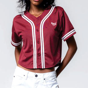 Camiseta de béisbol corta de malla sublimada para mujer al por mayor, con botones frontales y rayas en contraste, top de equipo, ropa deportiva OEM a granel con etiqueta privada - Product Image 5