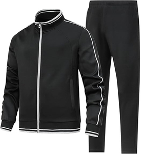 Chándal negro para hombre con cremallera completa, cuello alto, deportivo, de color liso, poliéster transpirable, corte regular, para otoño, con bolsillos laterales - Product Image 1