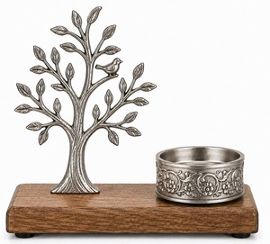 Objeto Decorativo de Pájaro en Árbol Plateado con Cuenco Grabado y Base de Madera, Decoración Tradicional para Mesa del Hogar, Adorno Metálico - Product Image 1