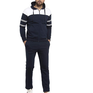 Men's Navy White Color Block Hooded <b>Tracksuit</b> Full Zip Casual Sweatshirt Pants Set Regular Fit Side Pockets Autumn Wear - Product Image 1