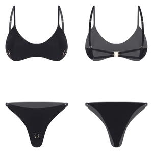 Conjunto de Bikini Negro, Top Triangular y Tanga, Traje de Baño para Mujer, Elástico, Color Sólido, Tejido Liso, Ropa de Playa de 2 Piezas - Product Image 3