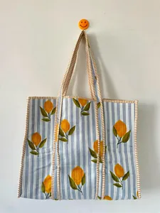 Bolsa de Mano de Algodón a Rayas Azul Cielo Premium con Estampado de Limones, Estilo Bohemio, Casual de Verano, Bolsa de Compras Abierta para Mujer - Product Image 2