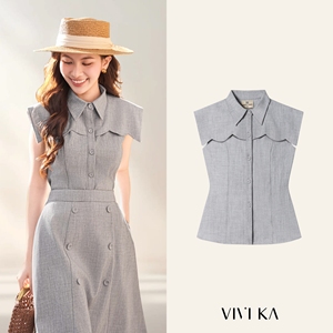 Blusa gris sin mangas para mujer, cuello vuelto, con botones, elegante, para primavera y verano, informal, para oficina, MELA - Product Image 1