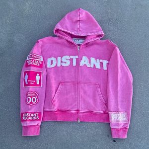 Sudadera con Capucha y Cremallera Rosa REXFIT SPORTS, Corte Holgado, Logotipo Bordado, Diseño de Parches, Ropa Urbana Unisex para Otoño, 100% - Product Image 1