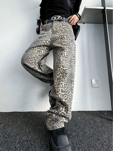 Pantalones Vaqueros Anchos Personalizados con Estampado de Leopardo, Transpirables, Ligeros, de Cintura Media, Corte Holgado, Estilo Casual Urbano para Hombre, Color Marrón con Patrón - Product Image 4