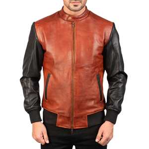 Men’s Cognac Brown and Black Genuine Leather Jacket Two Tone Contrast Sleeves Stand Collar Full <b>Zip</b> Casual Outerwear - Product Image 1