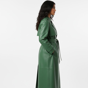 Unisex Long Leather <b>Trench</b> Outerwear Genuine Hide Button Front Wide Lapel Collar Waist Belt Full Length Winter Fashion <b>Coat</b> - Product Image 2