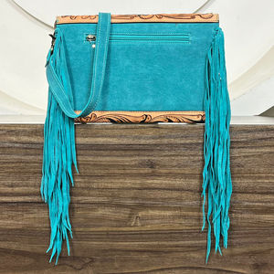 Best Selling Hand Tooled Suede <b>Leather</b> Crossbody Fringe Envelope Bag Western Genuine <b>Leather</b> Floral Carved Bohemian Shoulder Bag - Product Image 6
