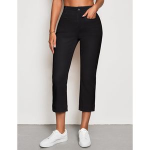 Pantalones vaqueros Capri de cintura alta para mujer 2025, Vaqueros elásticos rectos ajustados con bolsillos ribeteados, pantalones recortados informales - Product Image 3