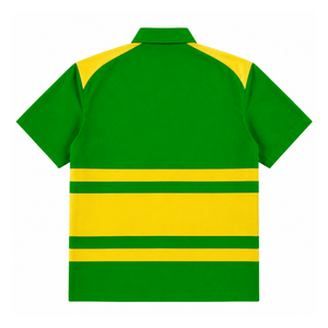 Chemise boutonnée personnalisée Chi Eta Phi avec logo brodé sur le devant, rayée jaune et verte, pour vêtements grecs féminins. - Product Image 3