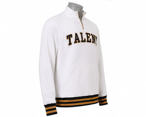 <b>Men's</b> Custom <b>White</b> Quarter Zip <b>Sweatshirt</b> Fleece Pullover with Chenille Varsity Lettering Striped Rib Cuffs - Product Image 2