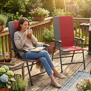 Set di 2 sedie pieghevoli rosse da giardino imbottite con schienale alto e braccioli in tessuto Oxford 600D per mobili da campeggio e giardino - Product Image 2